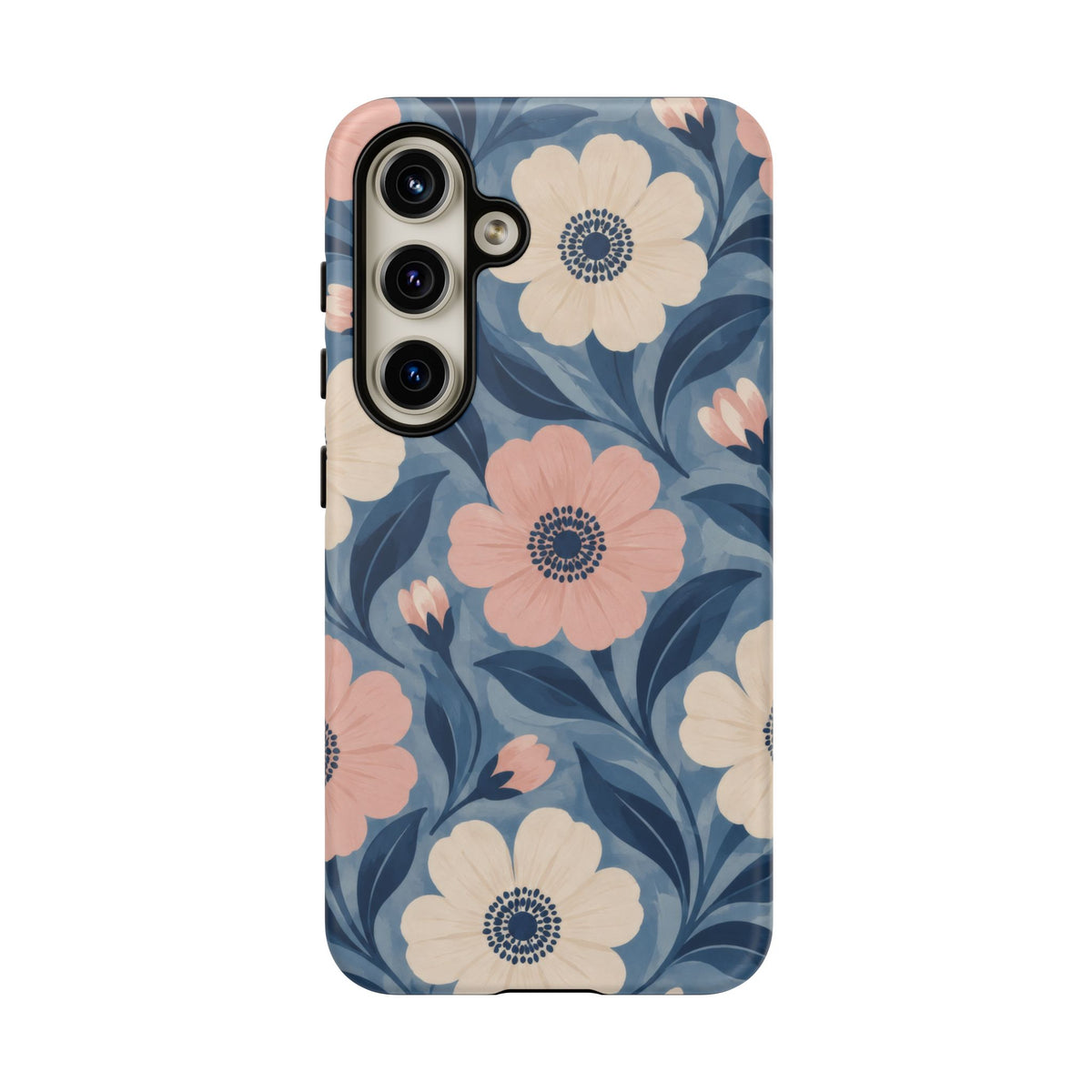 Petal Mosaic Samsung Galaxy Tough Case | Pink & Ivory Floral on Blue