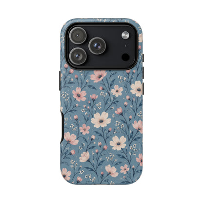 Blue Meadow iPhone Tough Case | Pink & Ivory Floral on Blue