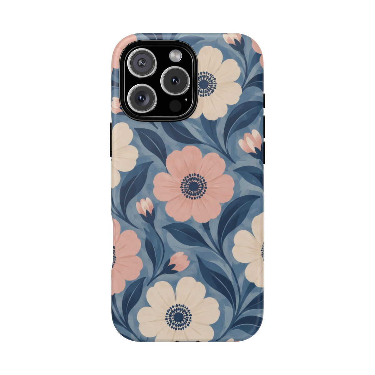 Petal Mosaic iPhone Tough Case | Pink & Ivory Floral on Blue