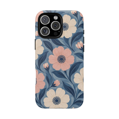 Petal Mosaic iPhone Tough Case | Pink & Ivory Floral on Blue