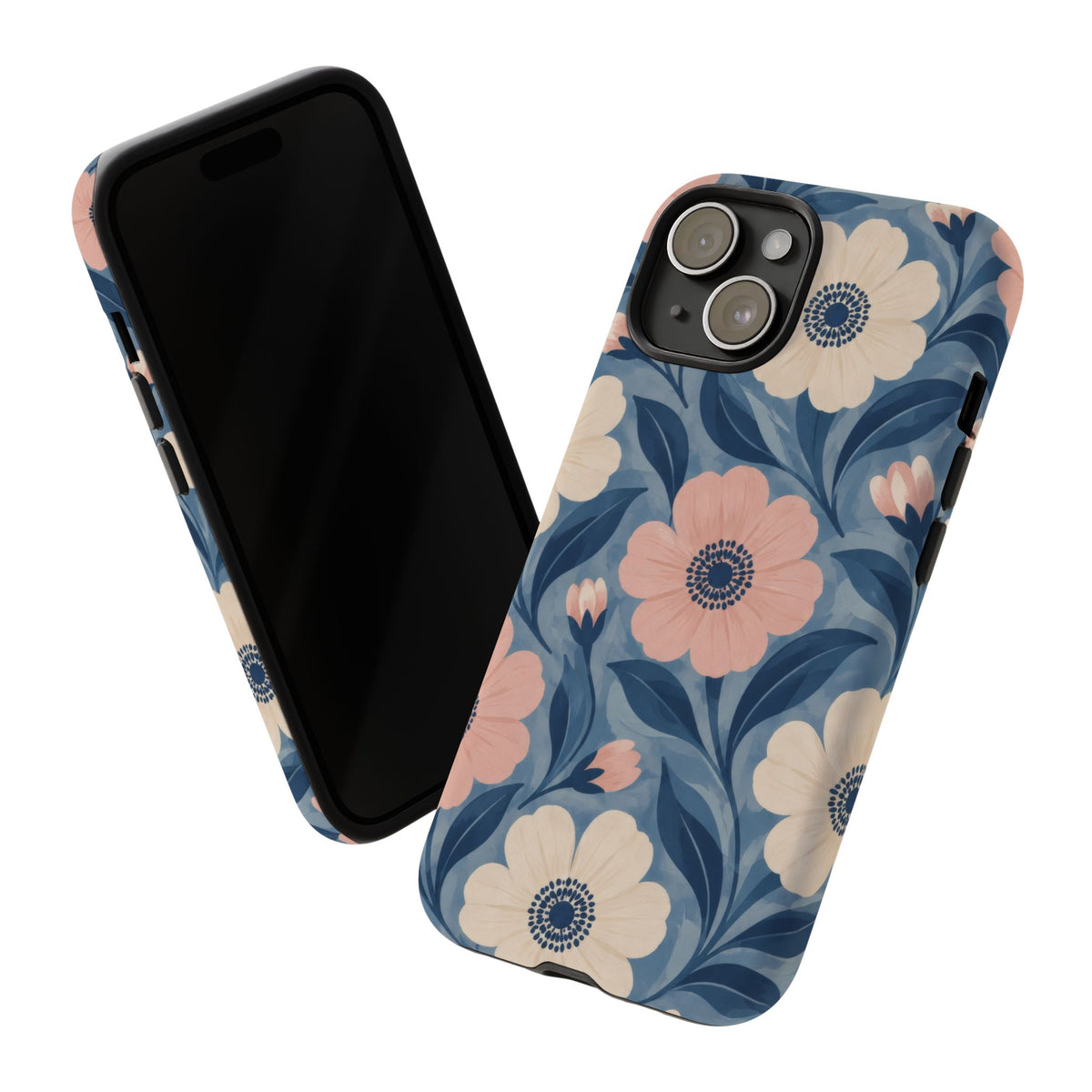 Petal Mosaic iPhone Tough Case | Pink & Ivory Floral on Blue