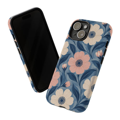 Petal Mosaic iPhone Tough Case | Pink & Ivory Floral on Blue