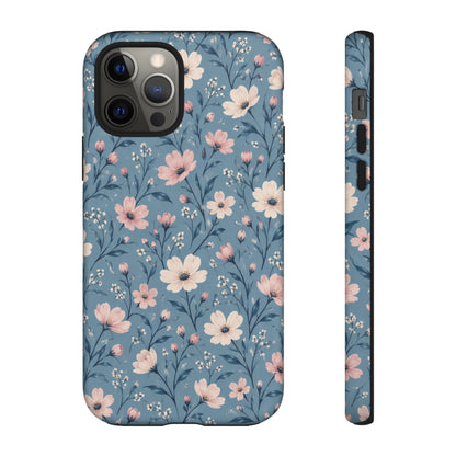 Blue Meadow iPhone Tough Case | Pink & Ivory Floral on Blue