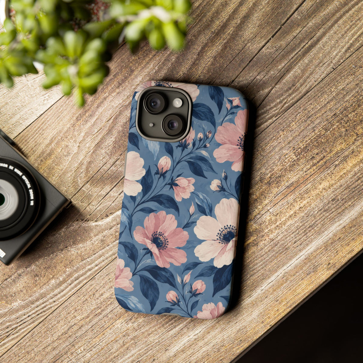 Dusk Blossom iPhone Tough Case | Pink & Ivory Floral on Blue