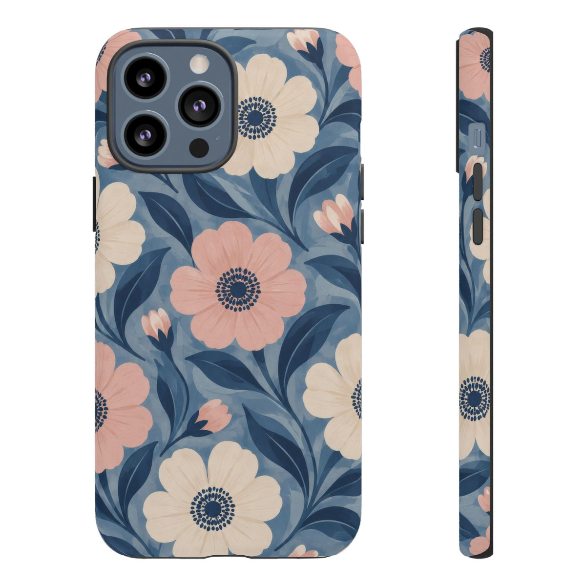 Petal Mosaic iPhone Tough Case | Pink & Ivory Floral on Blue