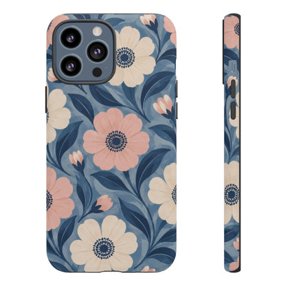 Petal Mosaic iPhone Tough Case | Pink & Ivory Floral on Blue