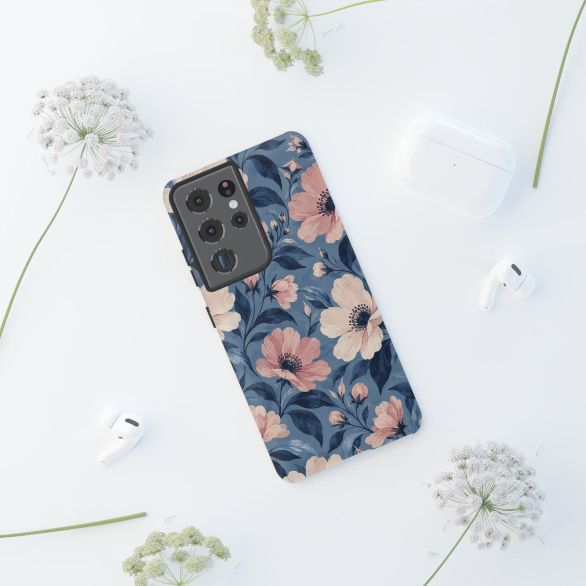 Dusk Blossom Samsung Galaxy Tough Case | Pink & Ivory Floral on Blue