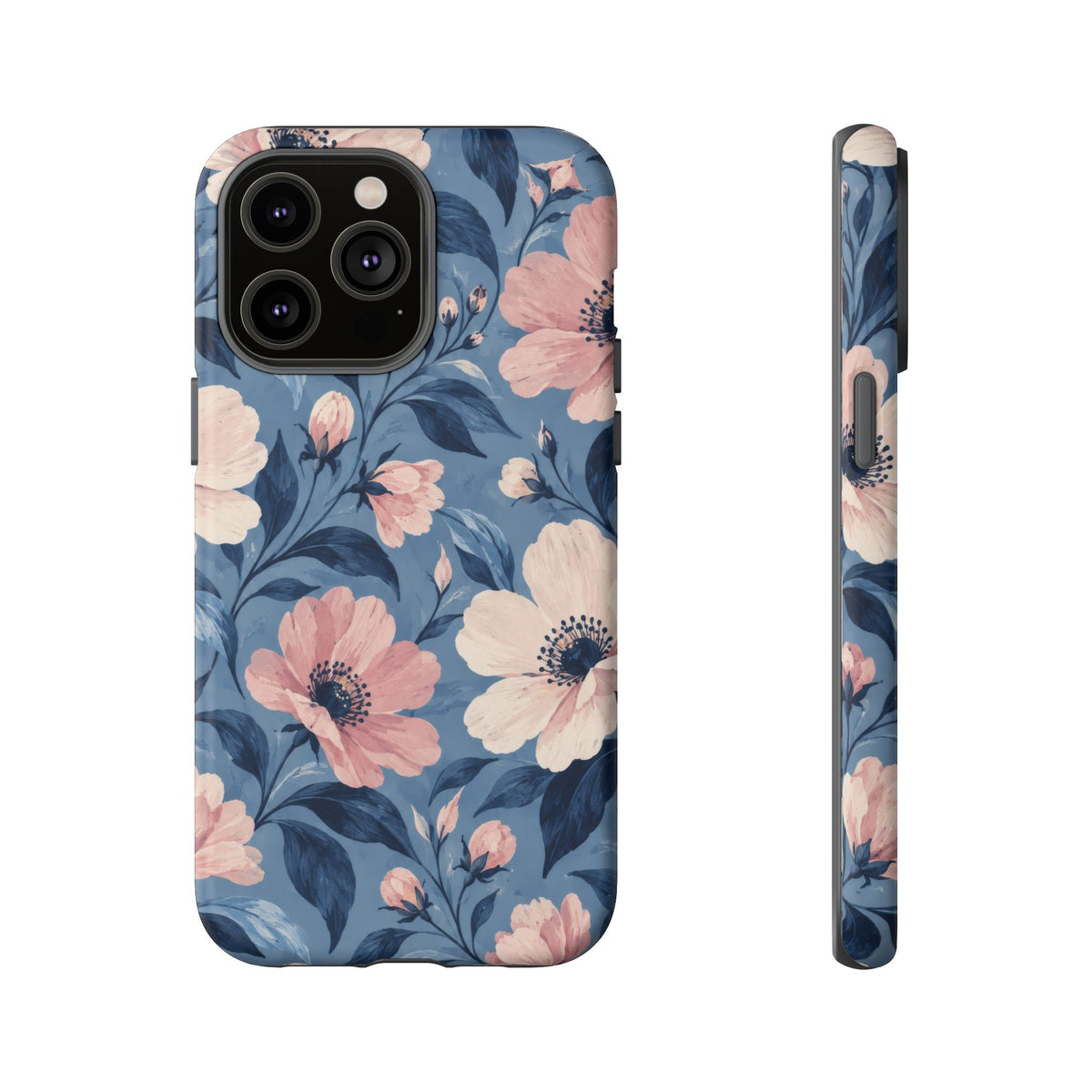 Dusk Blossom iPhone Tough Case | Pink & Ivory Floral on Blue