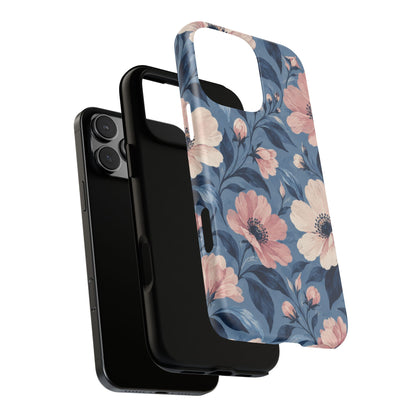 Dusk Blossom iPhone Tough Case | Pink & Ivory Floral on Blue
