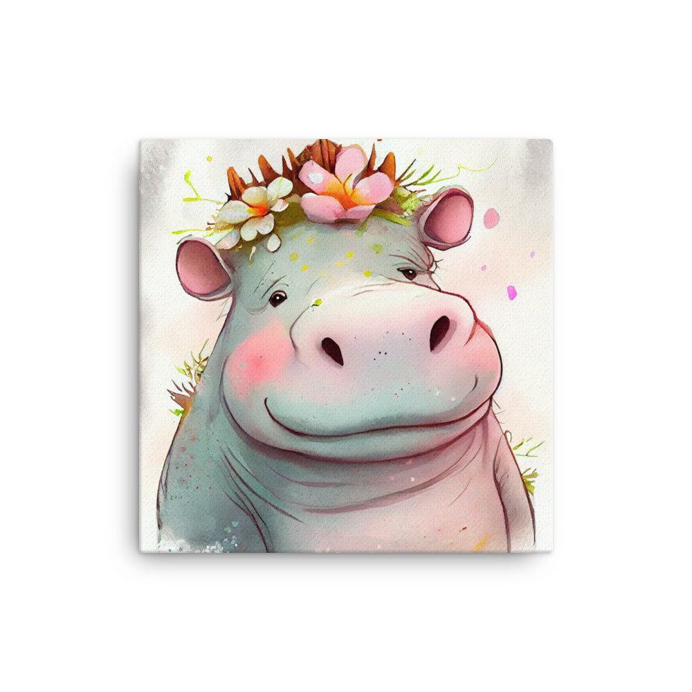 Canvas Wall Art - Kids Room Floral Hippo Watercolor