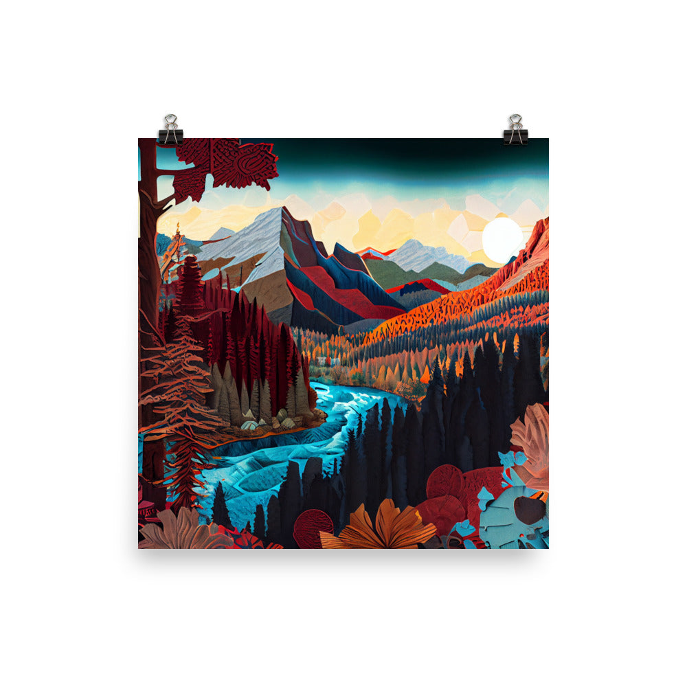 Enhanced Matte Paper Poster - Fall Mountain Scene in Paper Art