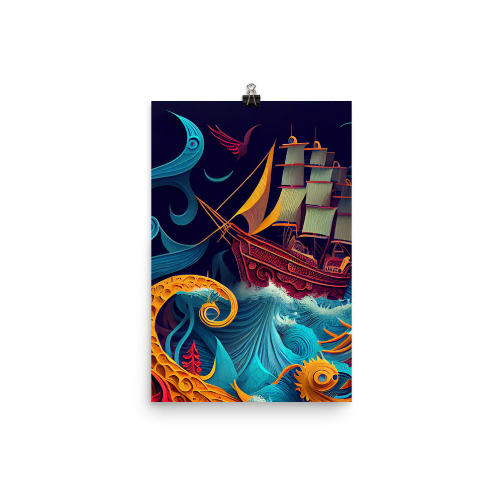Enhanced Matte Paper Poster - Ship Battles Sea Monster - Paper Art