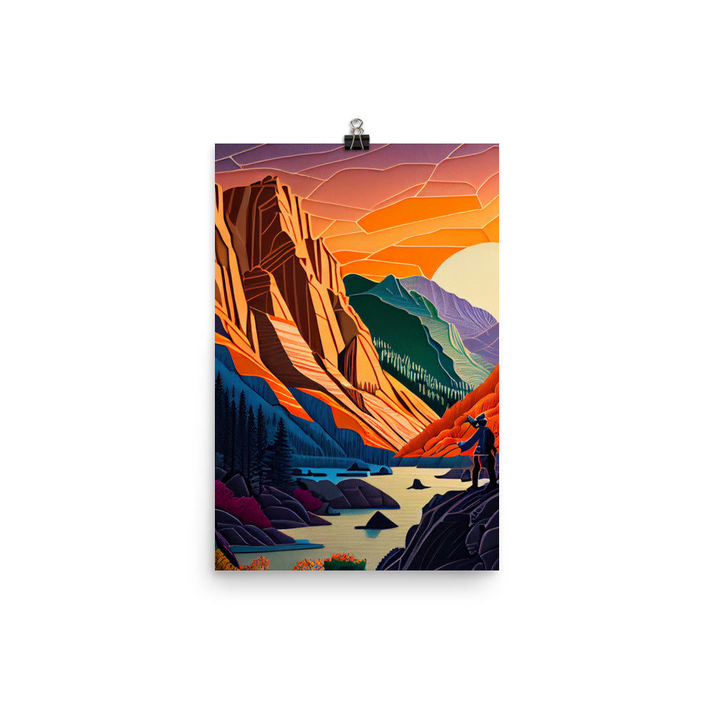 Enhanced Matte Paper Poster - Mountain Sunset in Paper Art