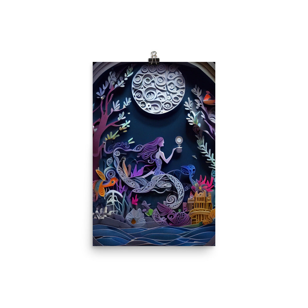 Enhanced Matte Paper Poster - Mermaid under the Moon - Paper Art