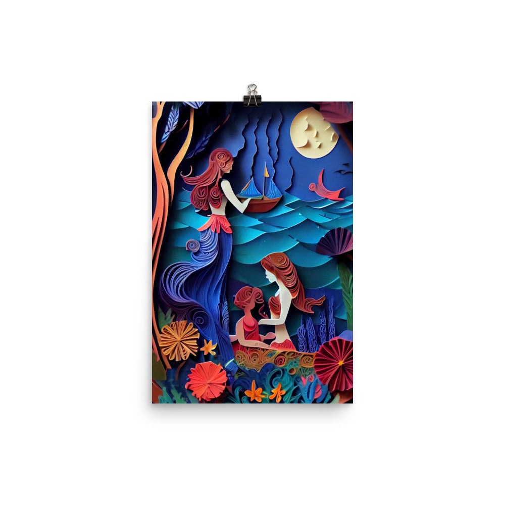 Enhanced Matte Paper Poster - Mermaid Sisters in Paper Art