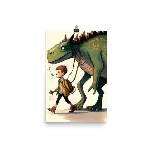 Enhanced Matte Paper Poster - Boy Walking His Dinosaur