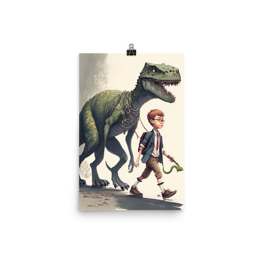 Enhanced Matte Paper Poster - Boy Walking His Dinosaur