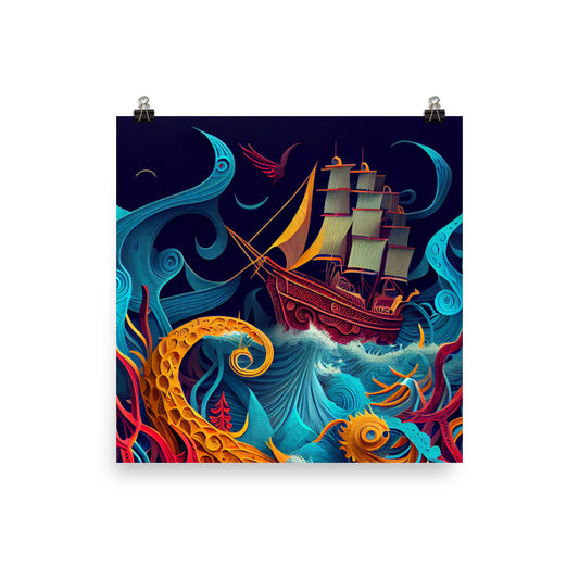 Enhanced Matte Paper Poster - Ship Battles Sea Monster - Paper Art