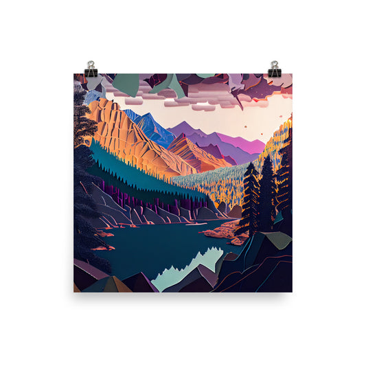 Enhanced Matte Paper Poster - Mountain Lake in Paper Art