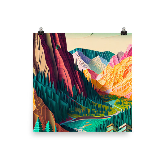 Enhanced Matte Paper Poster - River Valley Scene in Paper Art