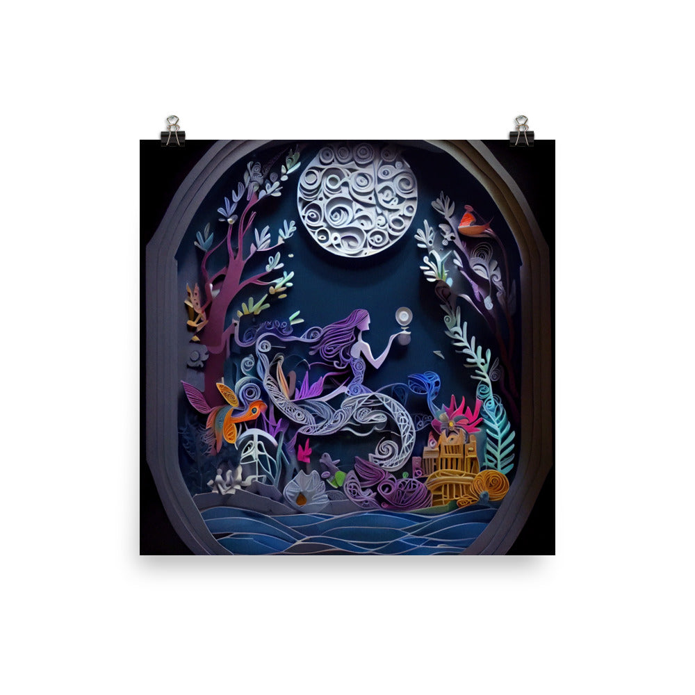Enhanced Matte Paper Poster - Mermaid under the Moon - Paper Art