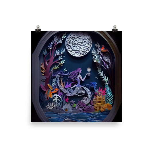 Enhanced Matte Paper Poster - Mermaid under the Moon - Paper Art