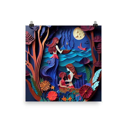 Enhanced Matte Paper Poster - Mermaid Sisters in Paper Art