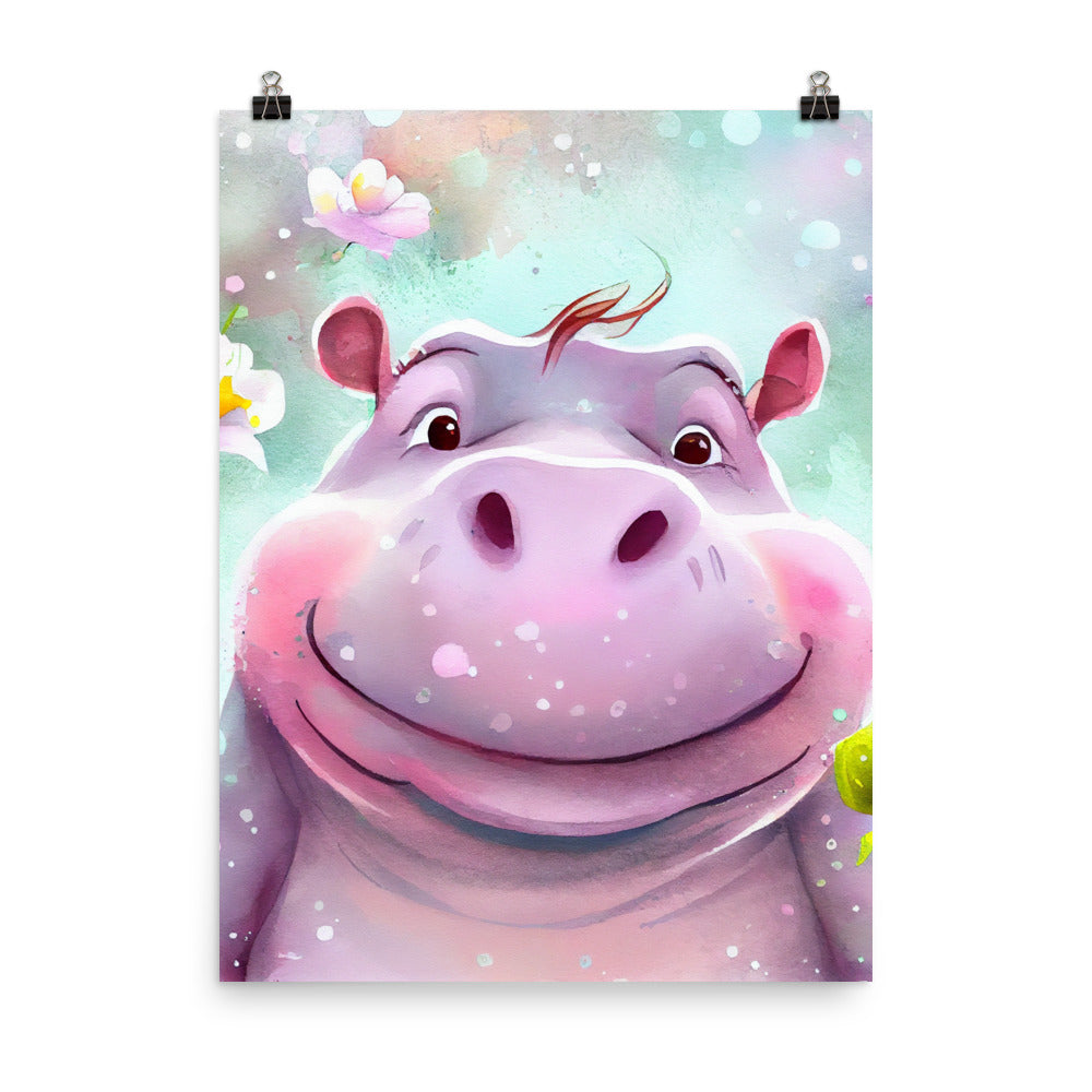 Enhanced Matte Poster - Kids Room Happy Hippo Watercolor