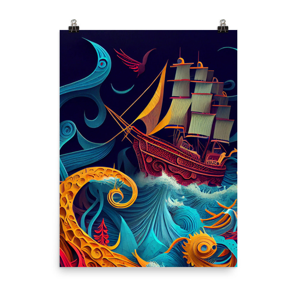 Enhanced Matte Paper Poster - Ship Battles Sea Monster - Paper Art