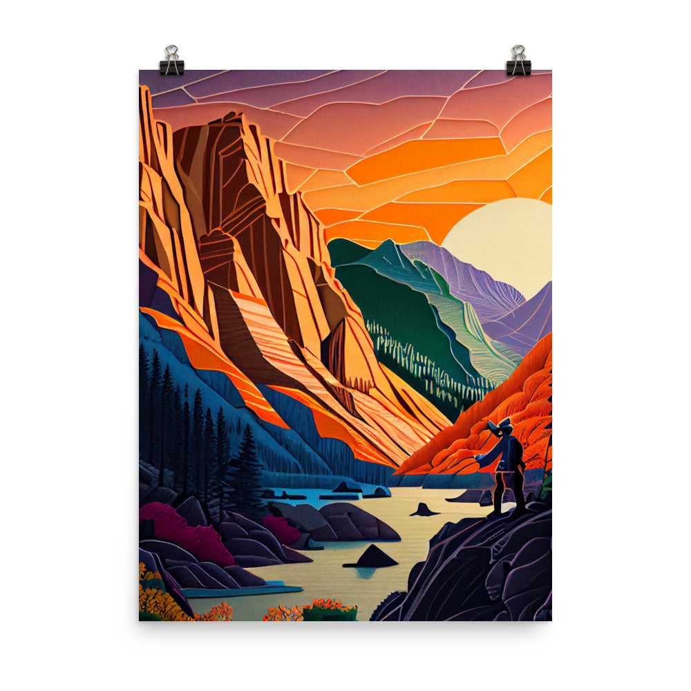 Enhanced Matte Paper Poster - Mountain Sunset in Paper Art