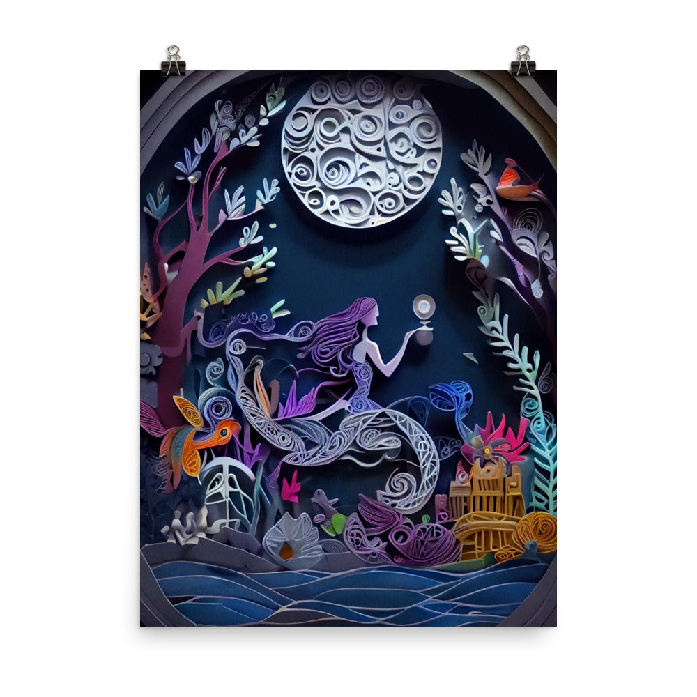 Enhanced Matte Paper Poster - Mermaid under the Moon - Paper Art