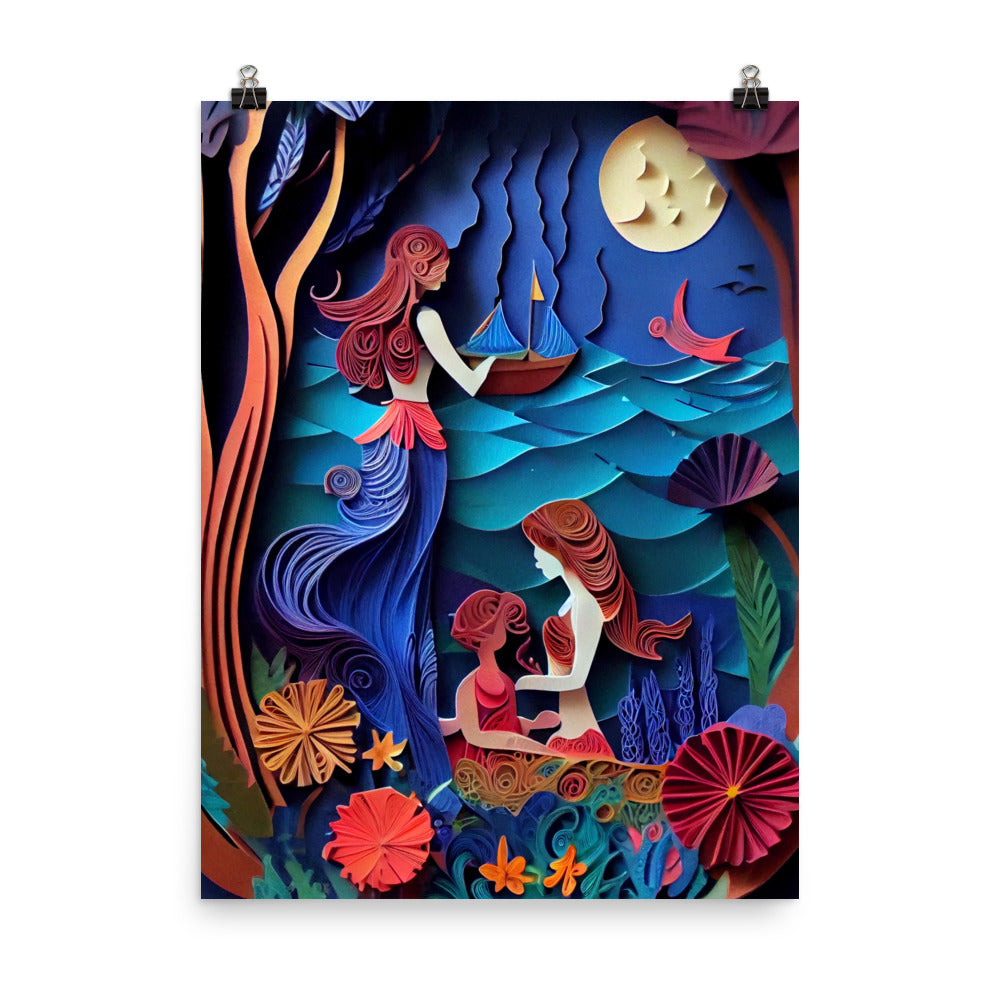 Enhanced Matte Paper Poster - Mermaid Sisters in Paper Art