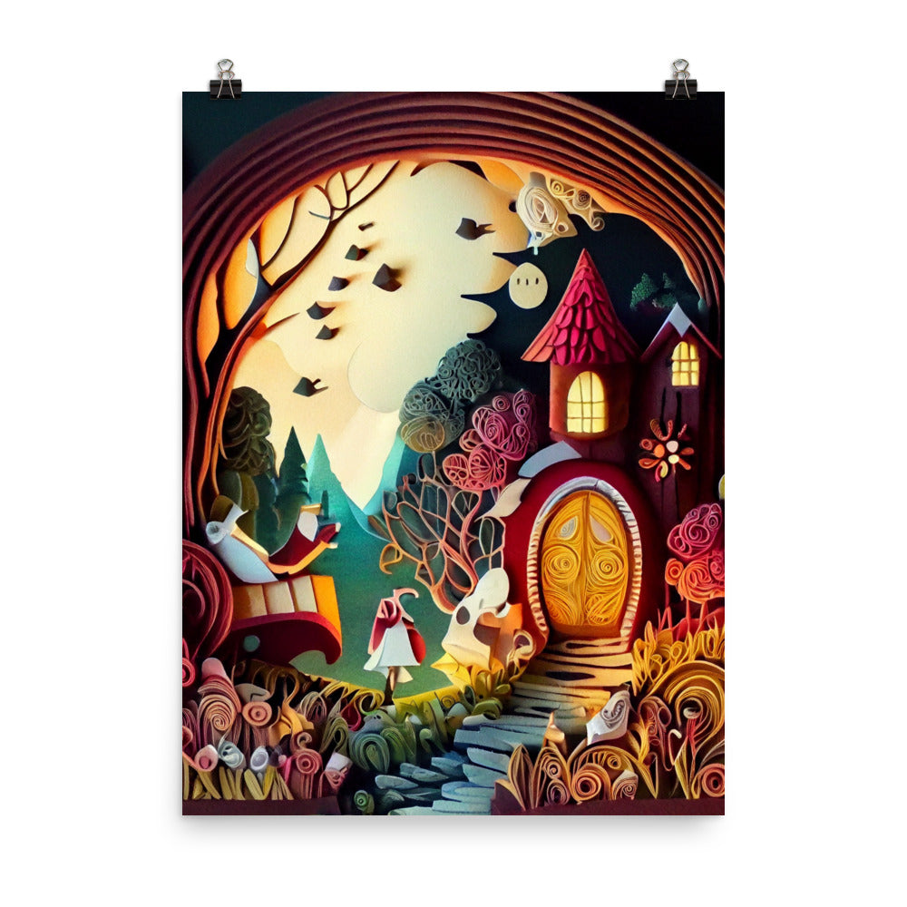 Enhanced Matte Paper Poster - Fairy Tale Cottage in Paper Art Style