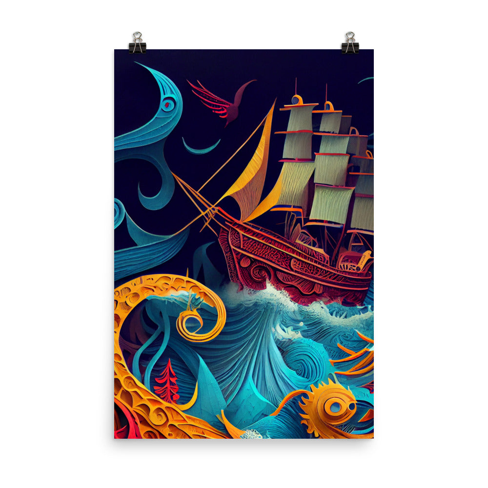 Enhanced Matte Paper Poster - Ship Battles Sea Monster - Paper Art