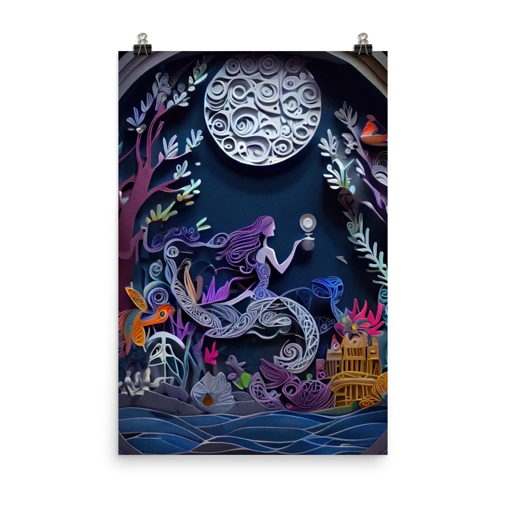 Enhanced Matte Paper Poster - Mermaid under the Moon - Paper Art