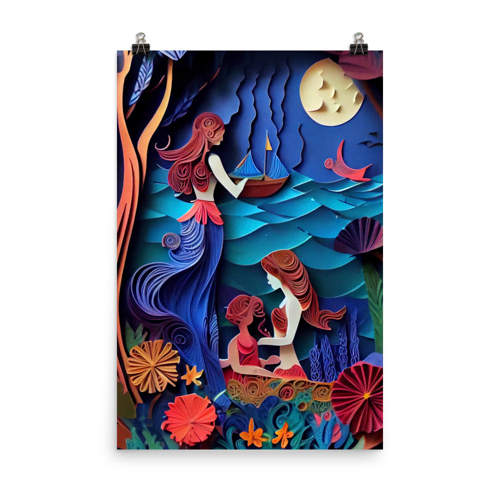 Enhanced Matte Paper Poster - Mermaid Sisters in Paper Art